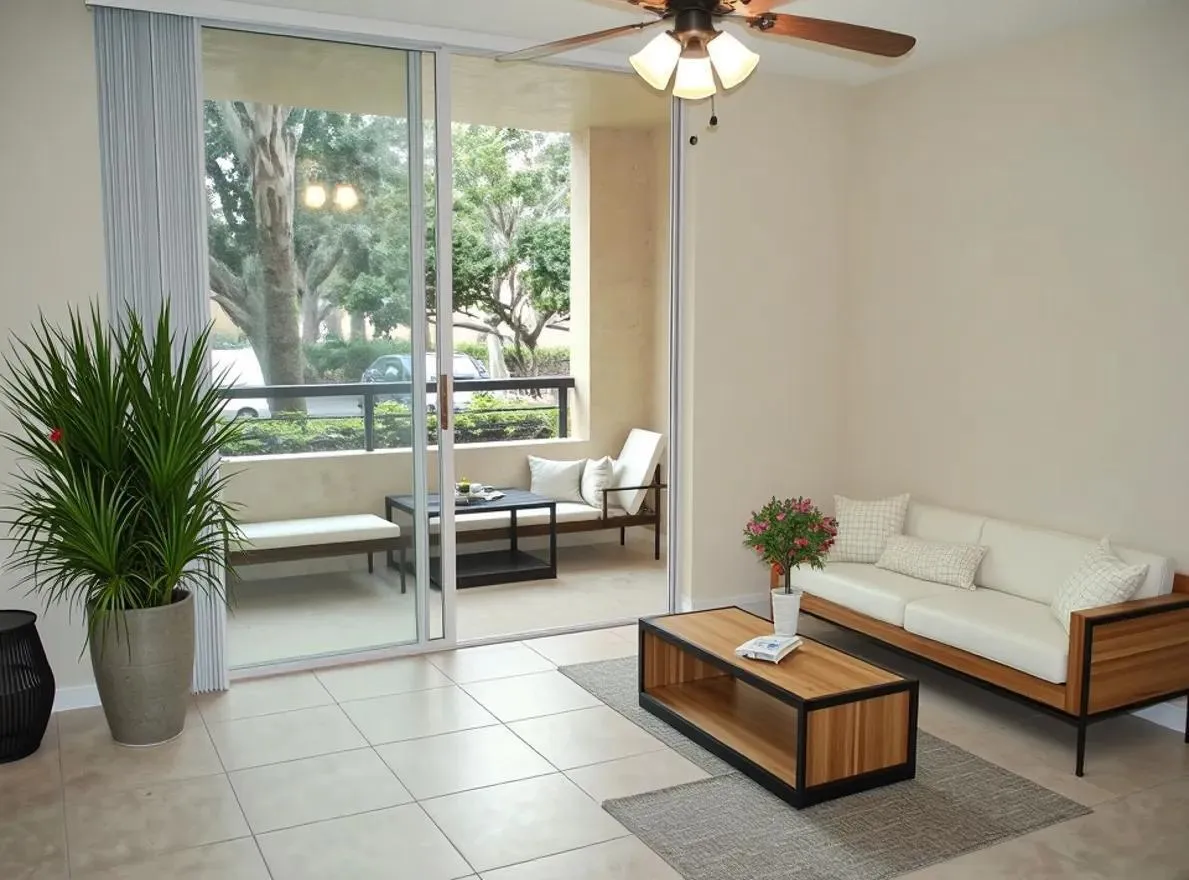 LIVING AREA LEADING OUT TO YOUR PRIVATE BALCONY. virtually staged