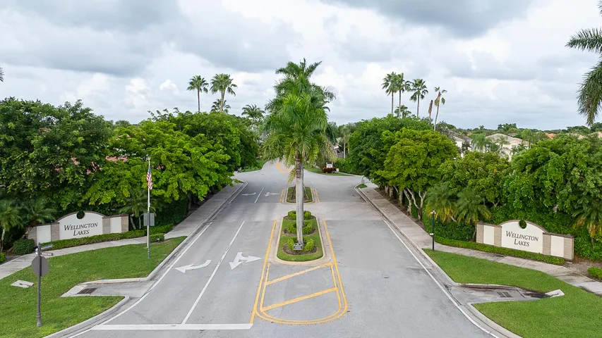 Entryway with manicured landscaping, prominent signage, and mature palm trees