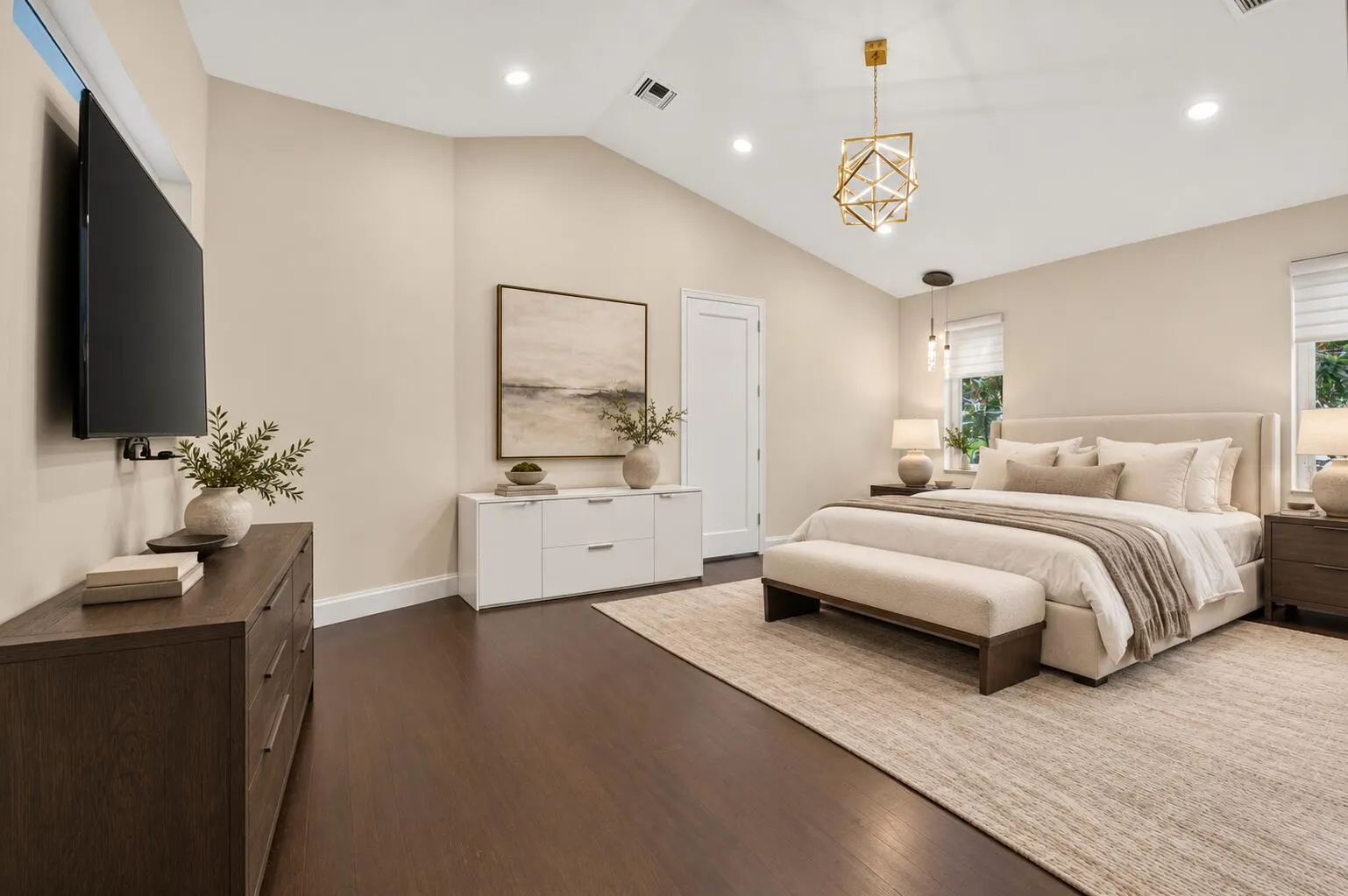 Warm ivory luxury bedroom staging-11