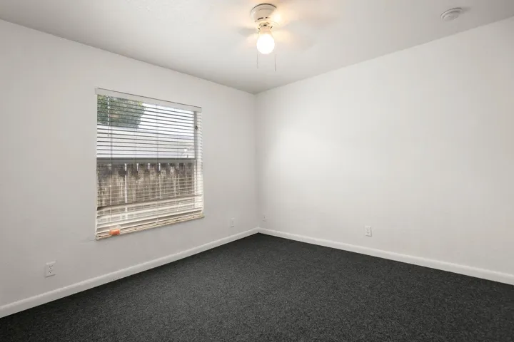 White walls, dark gray carpeting, and a ceiling fan with light fixture