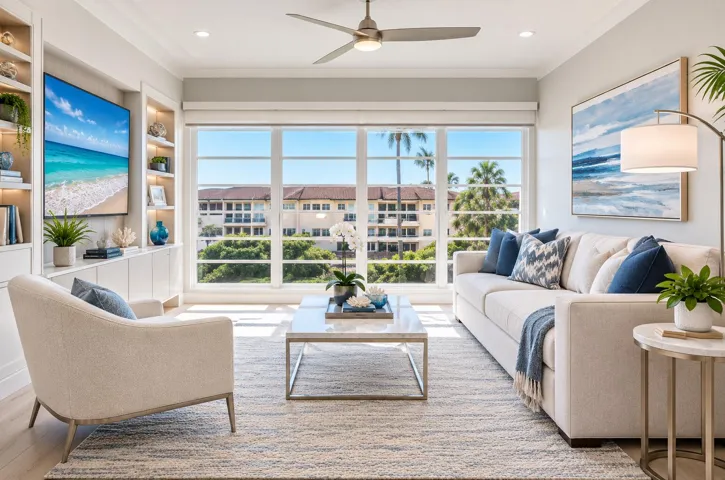 Built-in shelving with integrated lighting, recessed ceiling lights, a ceiling fan, and large picture windows