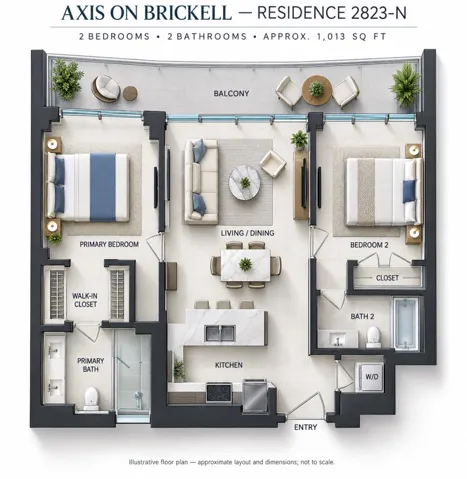 The basic layout. A couple minor things are not exact. 3D layout is opposite of apartment layout. Balcony is the full length of the apartment as shown.
