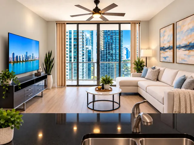 Living Room with Great city views from the 28th floor and Impact Glass. Freshly painted. Furniture virtually staged.