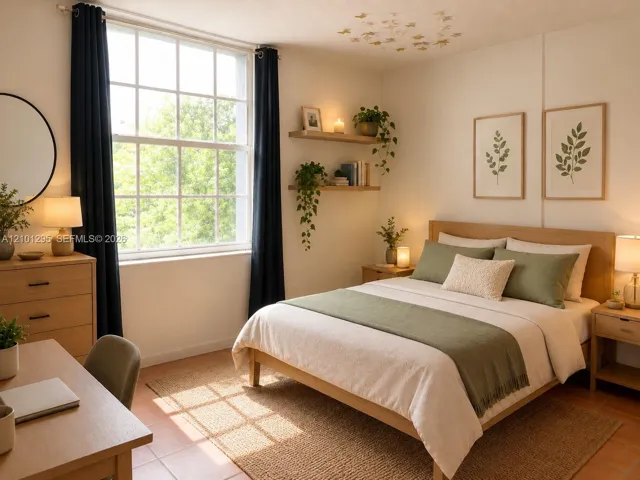 Multi-pane oversized window, natural tile flooring, and wall-mounted floating wood shelving