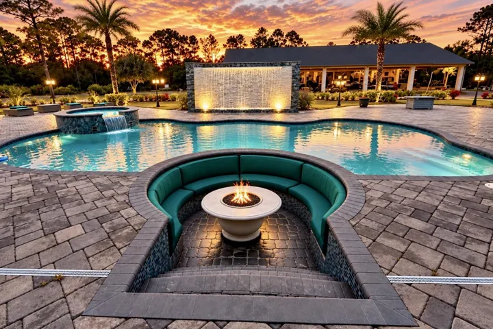 Sunken Lounge and firepit feature, water wall and spa.