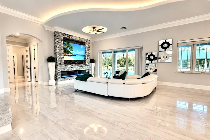 living. room stone wall and fireplace