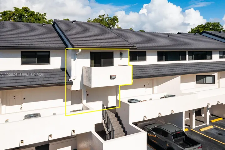 Notice that yellow line "high-lites" showing unit 206 & the front door is just to the left of the staircase. You see the balcony off the Primary Bedroom on the second floor looking South to South East at "tree-top" level over a QUIET RESIDENTIAL NEIGHBORHOOD! 5750 Turin St, a small boutique Building with only 13 units and was built in 1988! Only 1 block From University Shopping Center and the "University Metro-Rail Station" and only 2 blocks away from University of Miami's main campus!!