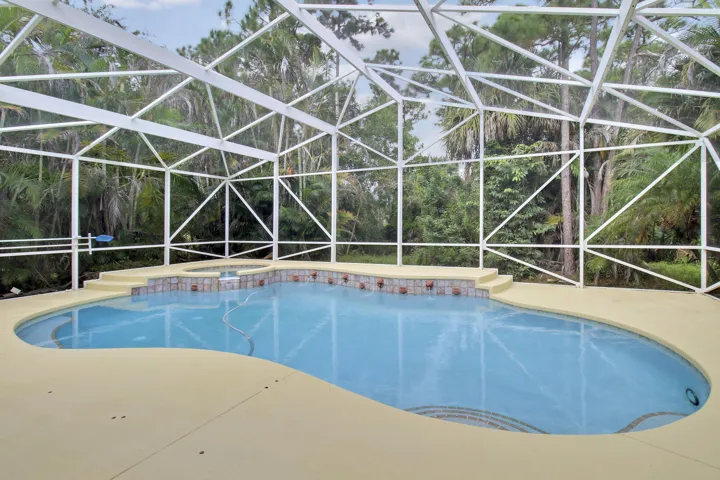 Screen-enclosed pool area featuring a freeform pool, integrated spa, and concrete deck
