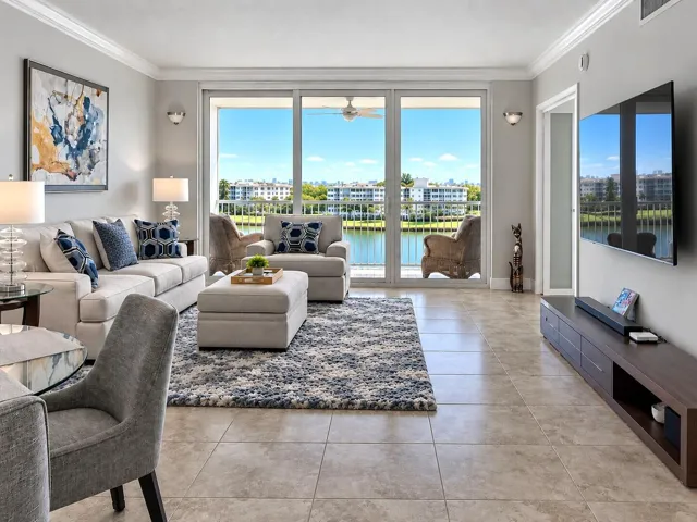 Cool-Toned Coastal Living Room with Wate