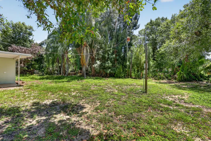 Expansive grassy area with mature perimeter foliage, a clothesline, and a covered patio