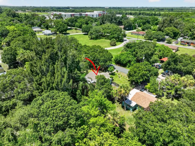 Aerial perspective of a property enveloped by mature trees and lush landscaping