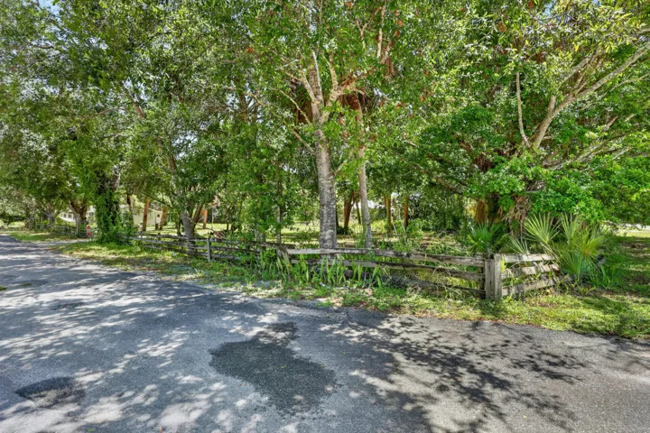 Mature trees and lush greenery frame a rustic wooden fence bordering the property