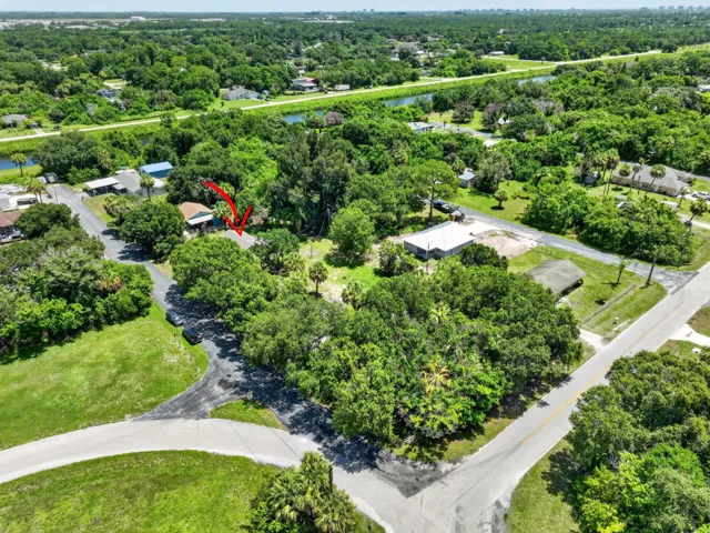 Aerial perspective showcasing a residential property surrounded by mature trees
