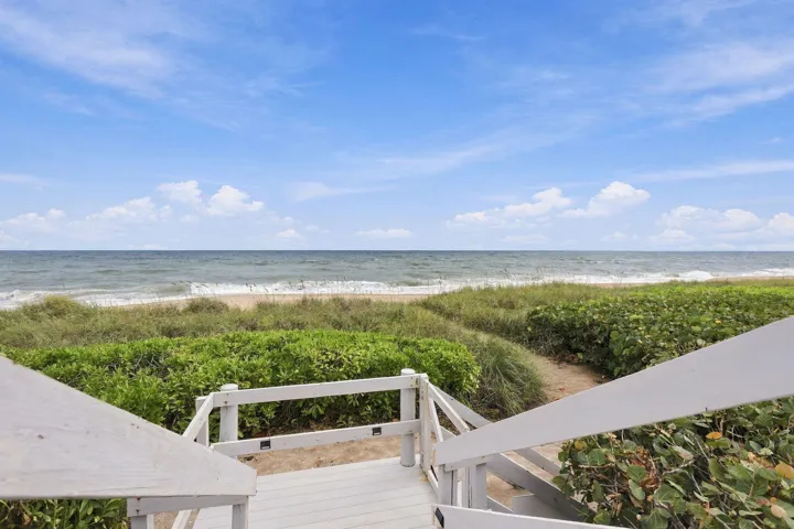 Waterfront access featuring a wooden boardwalk, white railings, and coastal vegetation