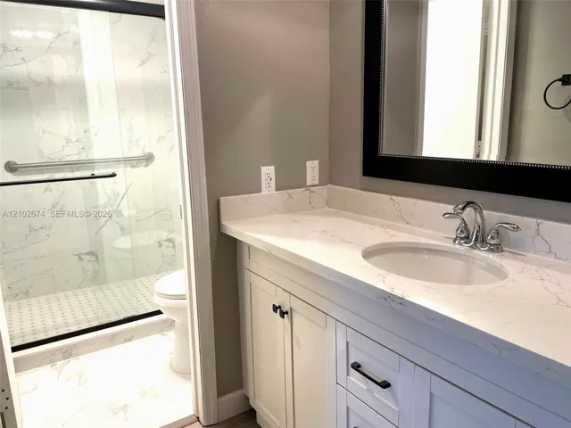 Brand new Primary bathroom, shower, tile floor and vanity