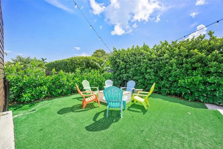 Artificial turf backyard with a fire pit, privacy hedges, and string lighting