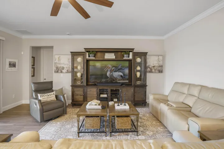 Great room seating area and media wall