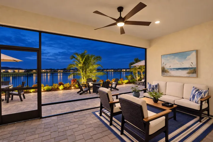 Covered lanai seating at twilight