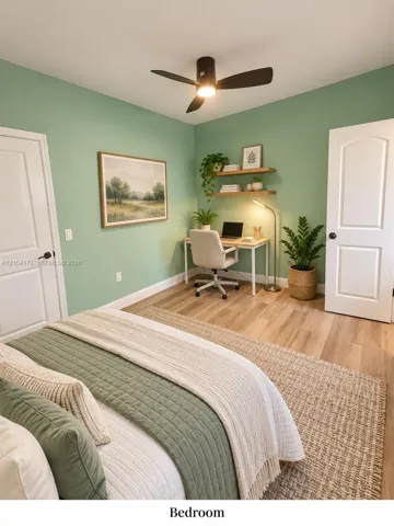 Wood-finish flooring, two-panel arched interior doors, dual wall-mounted floating wood shelves, and a matte black multi-blade ceiling fan with integrated lighting