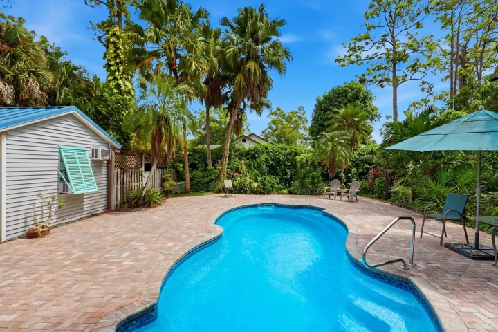 Freeform swimming pool with integrated steps, surrounded by brick paver decking