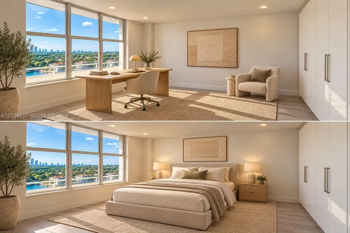 Versatile Den / Guest Suite — Virtually staged to illustrate two possible uses of the space: a private home office or guest bedroom. Floor-to-ceiling sliding glass panels allow for an open or enclosed layout.