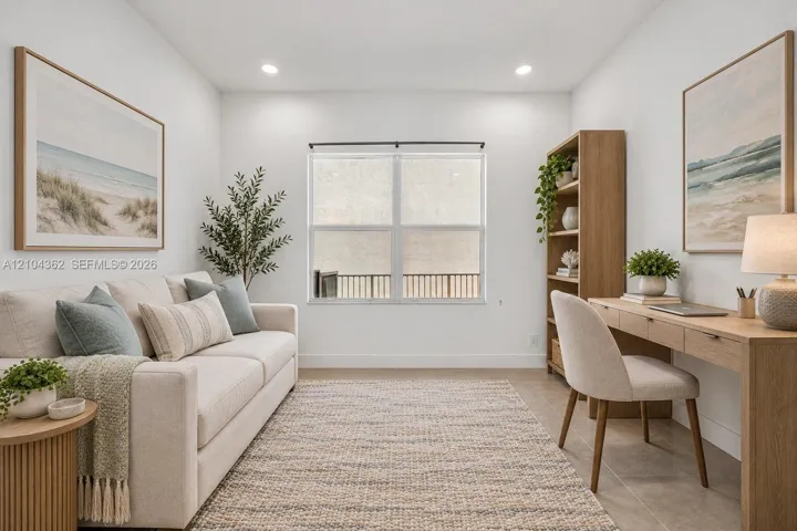 VIRTUALY STAGED Guest room/Den/Office.Featuring recessed ceiling lighting and a large window.