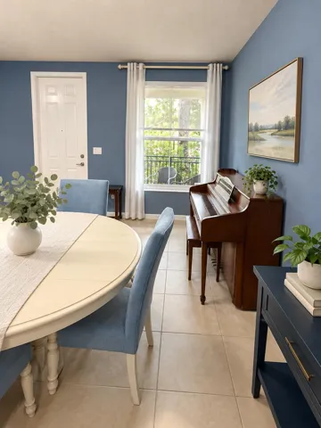Refined blue dining room with piano