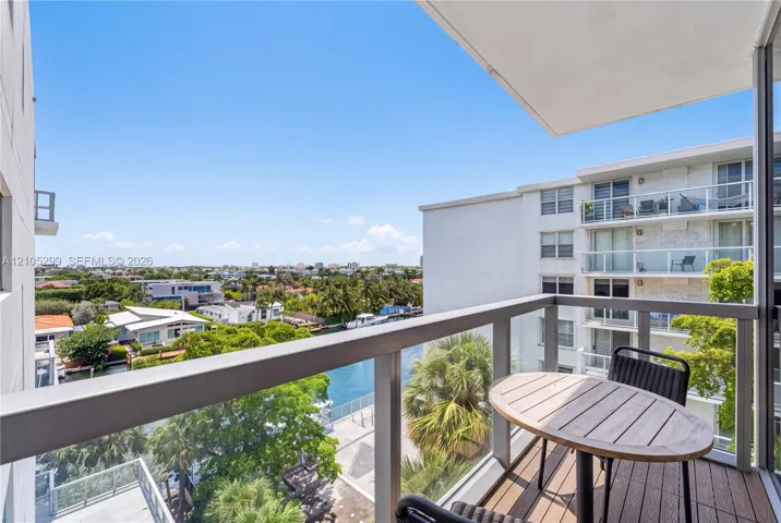 Private balcony with glass railing, providing an expansive urban and waterway backdrop