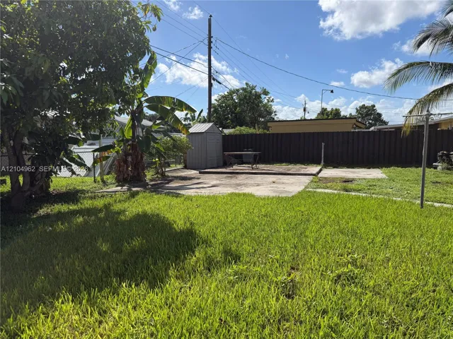 Expansive green lawn with mature trees, concrete patio, and a utility shed