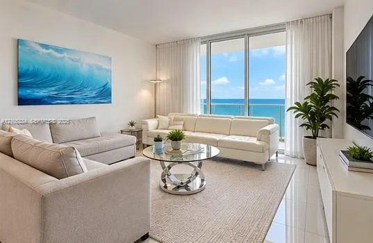 Expansive glass sliding doors open to a water backdrop