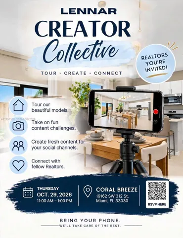 Promotional Event Flyer. Announcing a collective event for real estate professionals, detailing activities, date, time, and location