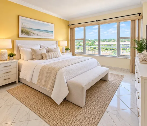 Expansive window offering a broad exterior landscape, bright yellow wall finish, crown molding, white tile flooring, and a built-in window valance