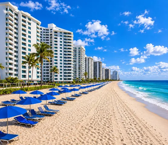 Beachfront property featuring multiple high-rise buildings, an expansive sandy beach, and clear blue ocean waters