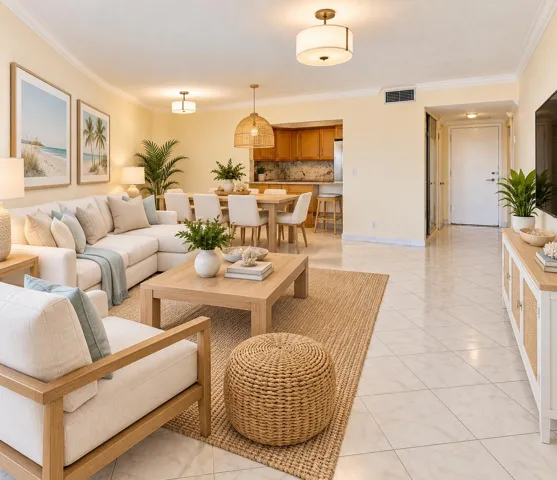 Open-concept living and dining area featuring tile flooring, crown molding, and recessed lighting