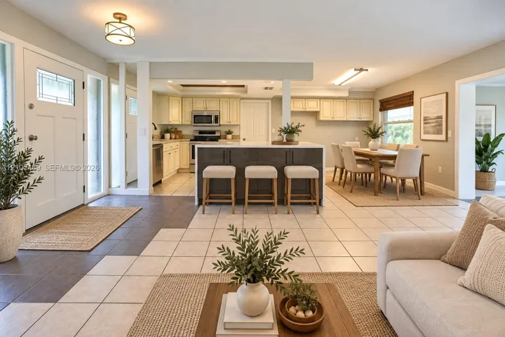 Virtual Staging Open concept living area featuring a kitchen island with seating, a dining area, and tile flooring