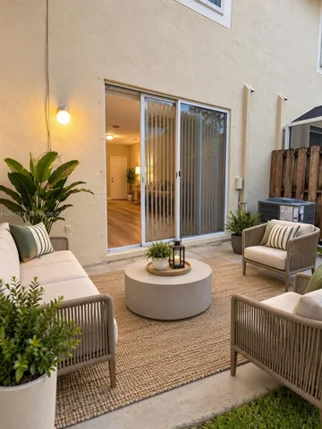 Patio area with concrete surfacing, sliding glass door entry, and vertical blinds