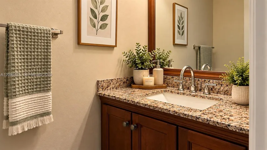 Wood-finish vanity with an integrated basin, chrome two-handle faucet, and granite countertop