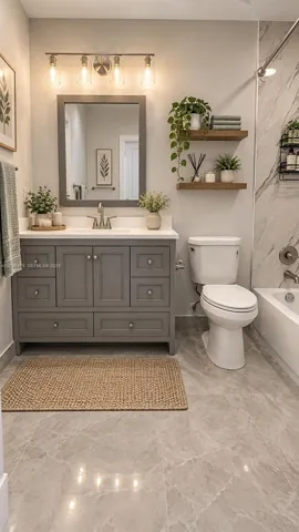 Gray vanity with cabinet and drawer storage, white countertop with an undermount sink, brushed nickel faucet, and a framed mirror