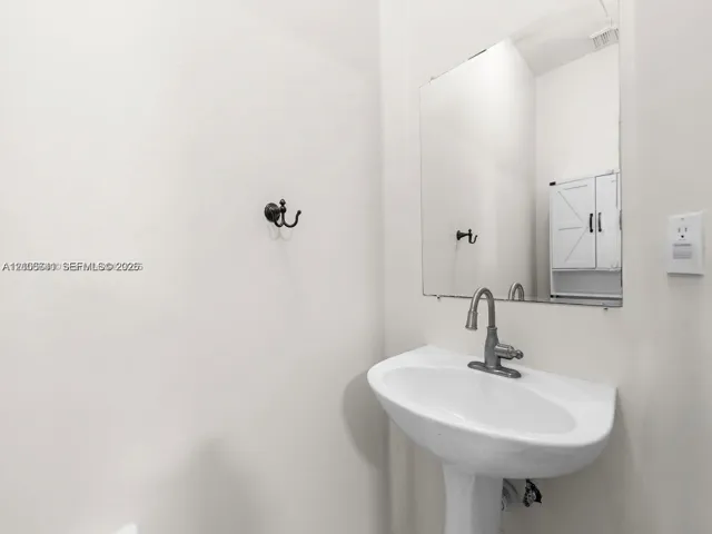 White pedestal sink with a metallic high-arc faucet, wall-mounted mirror, and decorative wall-mounted hardware