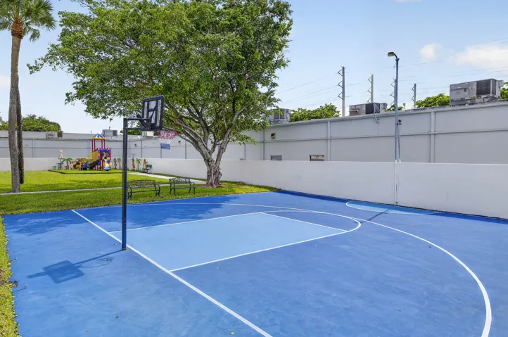 Basketball court with blue and light blue playing surfaces