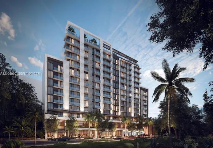 Multi-story modern high-rise featuring a glass and concrete facade, tiered private balconies, floor-to-ceiling windows, and a rooftop terrace level