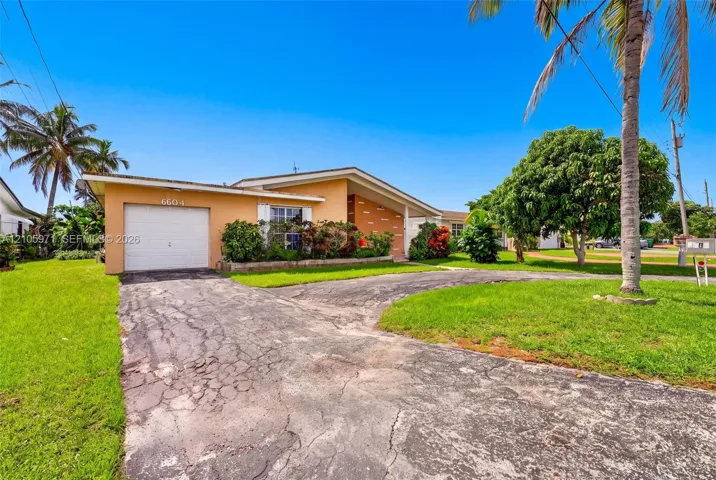 Single-story residence featuring a stucco exterior, attached one-car garage, and landscaped front yard with mature palms