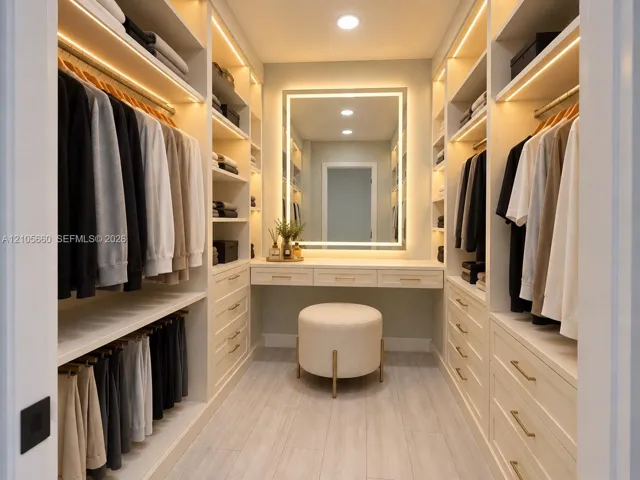 Custom walk-in closet featuring extensive built-in cabinetry, integrated LED shelf lighting, a central vanity with drawers, and an oversized lighted wall mirror