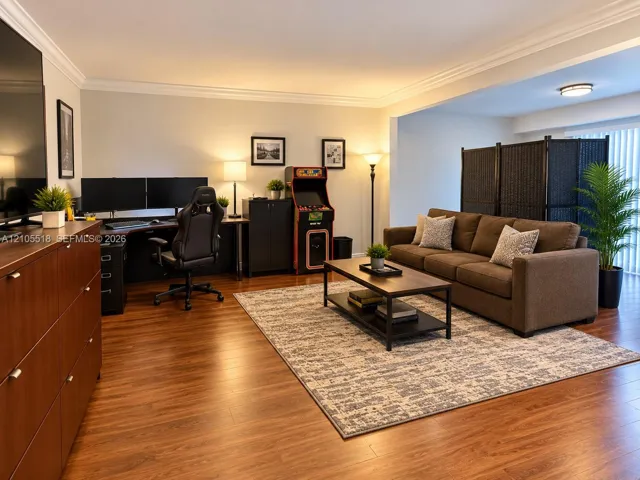 Wood-finish flooring, crown molding, and recessed ceiling lighting