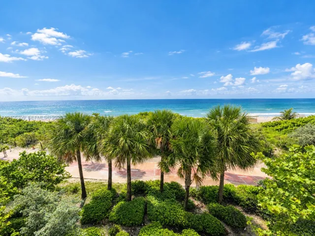 Oceanfront scenery featuring a sandy beach, mature palm trees, and lush tropical landscaping