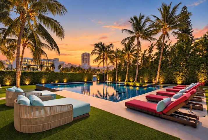 Swimming pool with stone-surround decking, manicured lawn, and mature palm trees