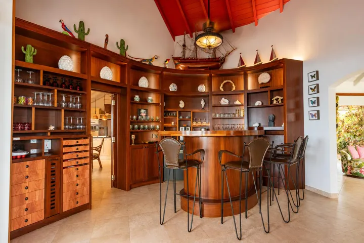 Inviting entertainment space featuring wooden cabinetry, built-in shelving, and bar seating.