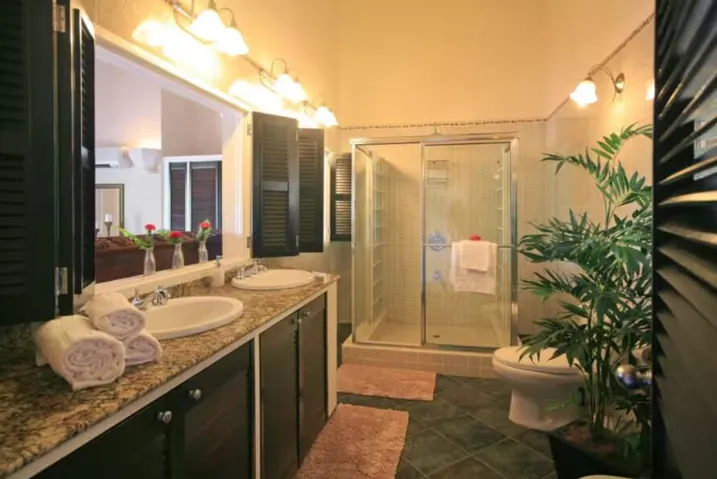 Well-appointed bathroom featuring a spacious vanity and glass-enclosed shower.