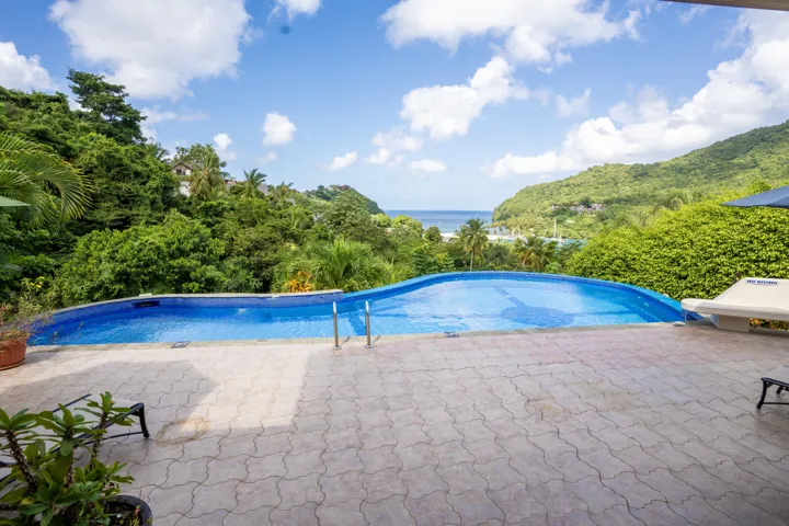 Breathtaking pool overlooking lush tropical hills and greenery.