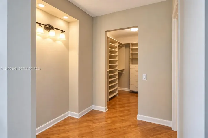 Inset wall niche featuring recessed lighting and a three-bulb wall-mounted fixture, wood-finish flooring, and a walk-in closet with built-in shelving and drawer units